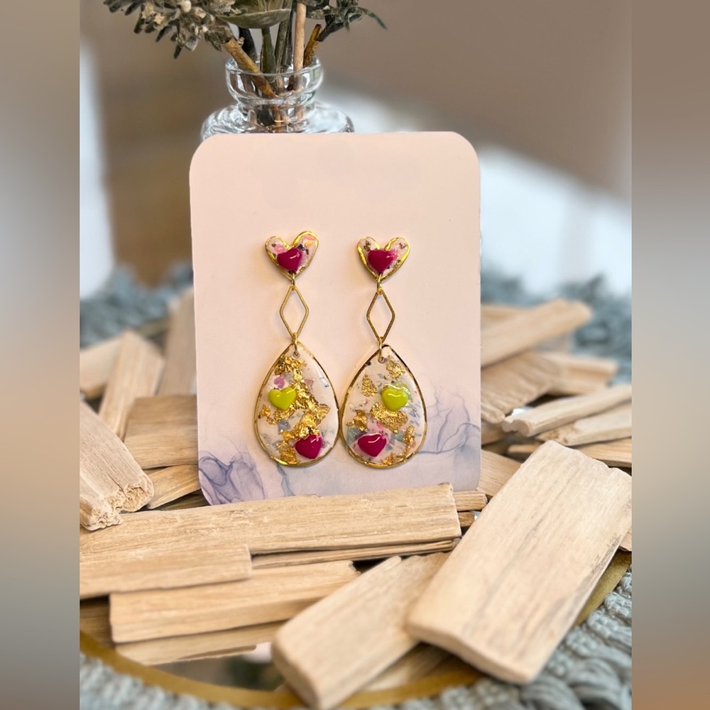 Handmade polymer clay heart earrings. Drop style.